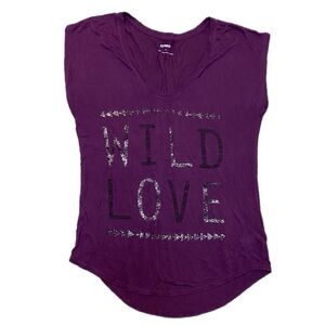 Express Purple “Wild Love” Foil Print Graphic Cap Sleeve Tee Size S
